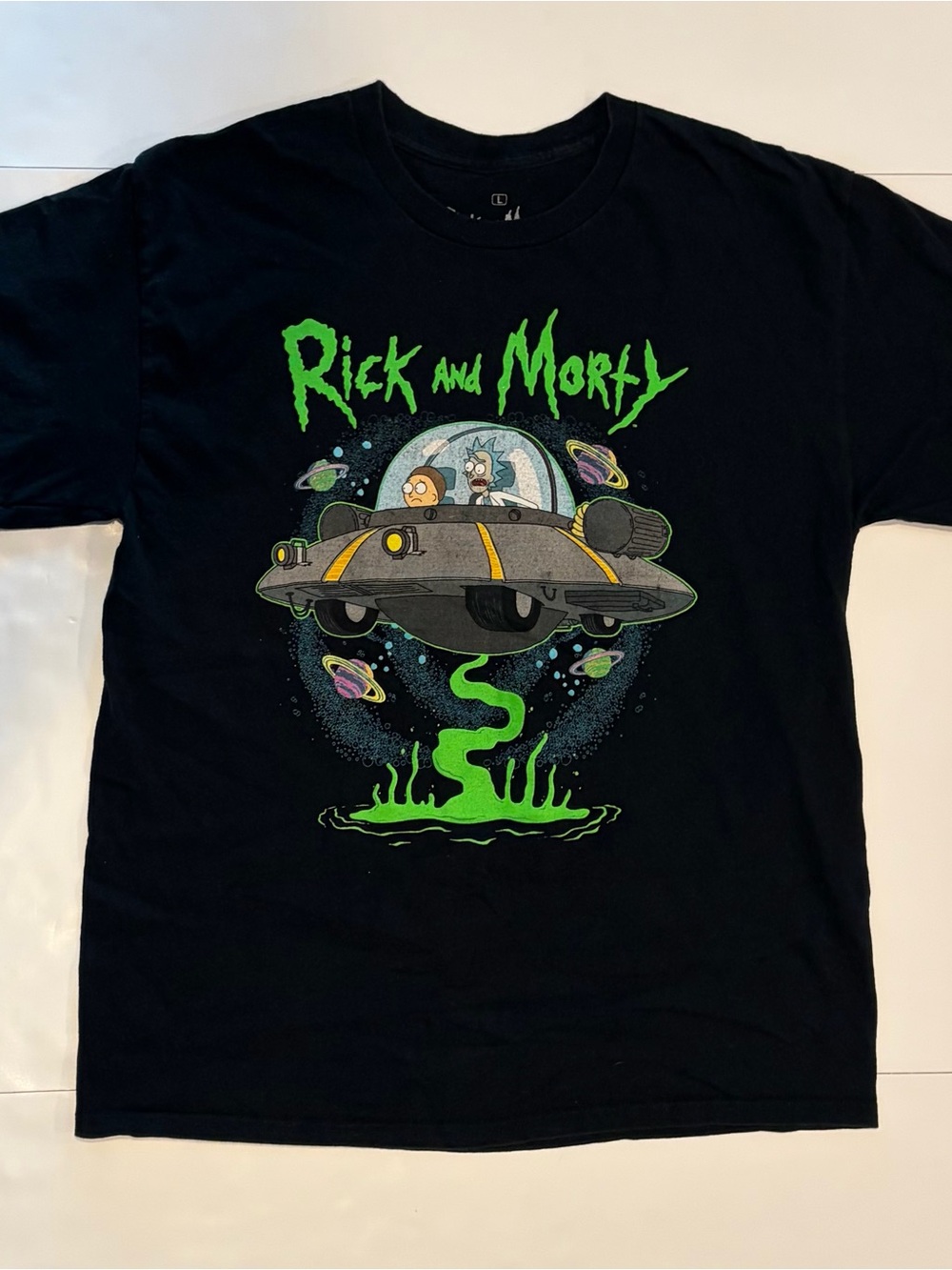 Rick and Morty T-Shirt Size L Black Space Cruiser Graphic Tee